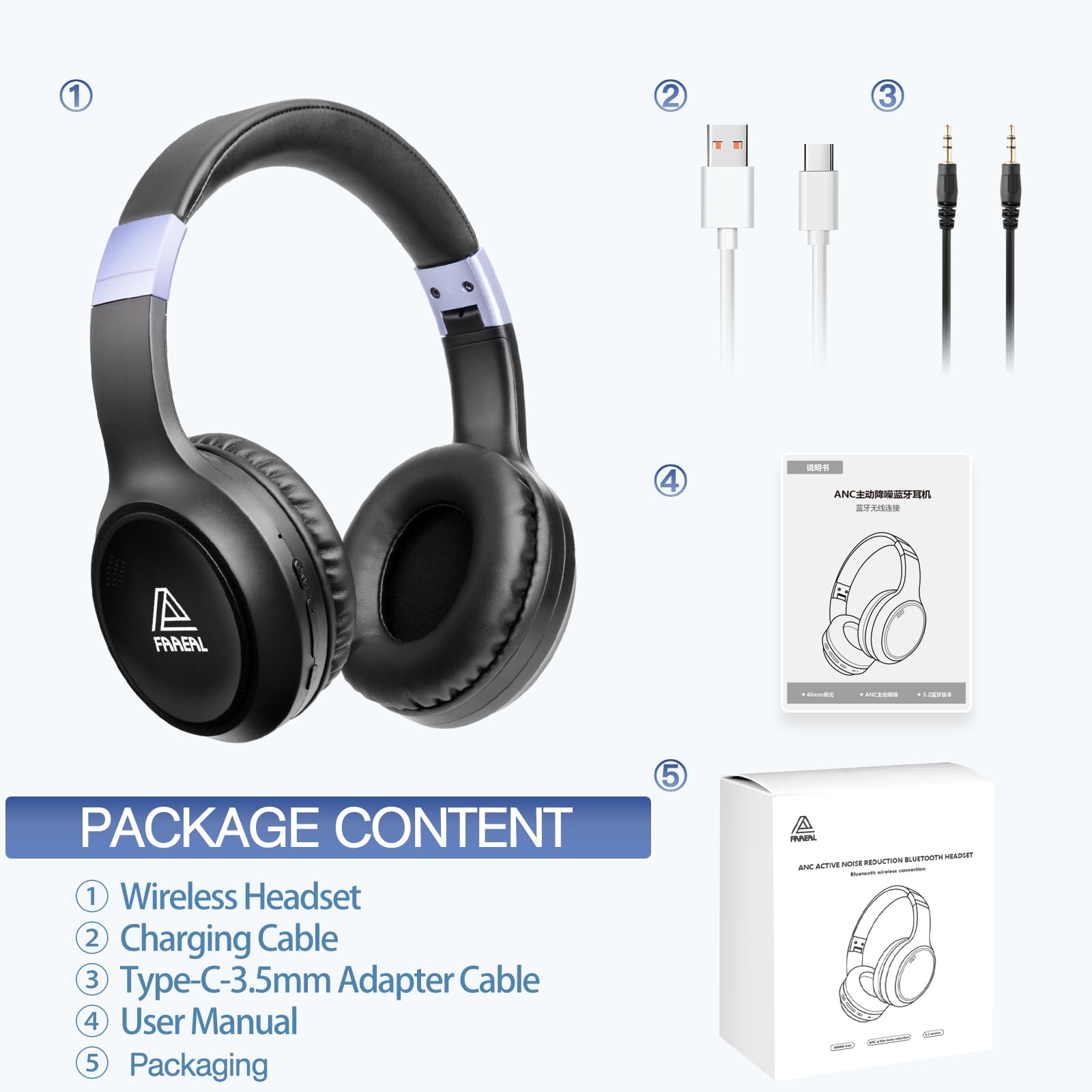 FAAEAL Casque Bluetooth supra-auriculaire à réduction de bruit, 68 heures de lecture, casque sans fil avec micro, casque pliable léger avec basses profondes, son stéréo HiFi pour voyage, travail,