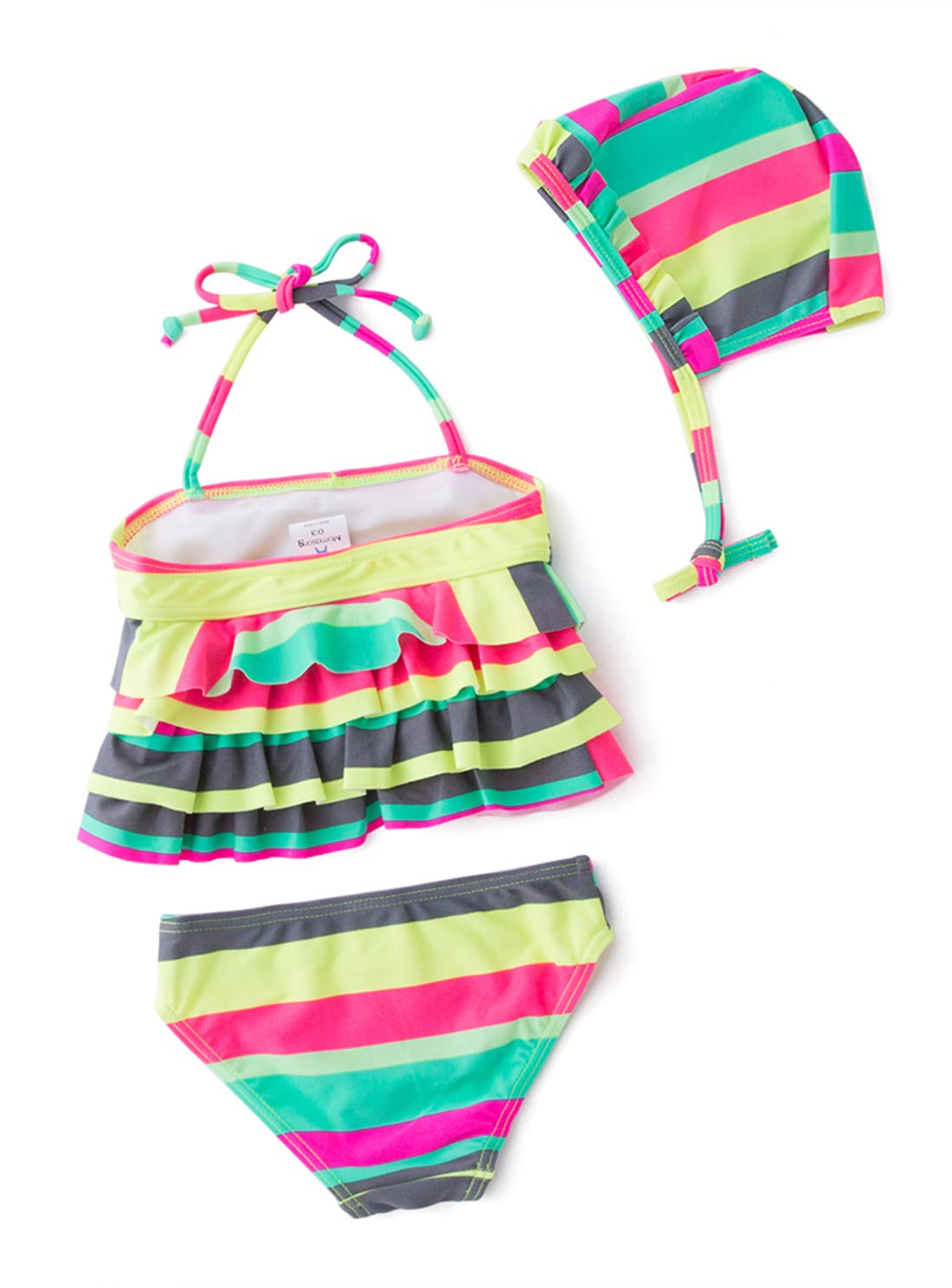 stylesilove Baby Toddler Girls Lovely Tie Bikini Swimsuit and Hat 3pcs Set Beach Bathing Suit Swimwear (Stripes Multi, 6)