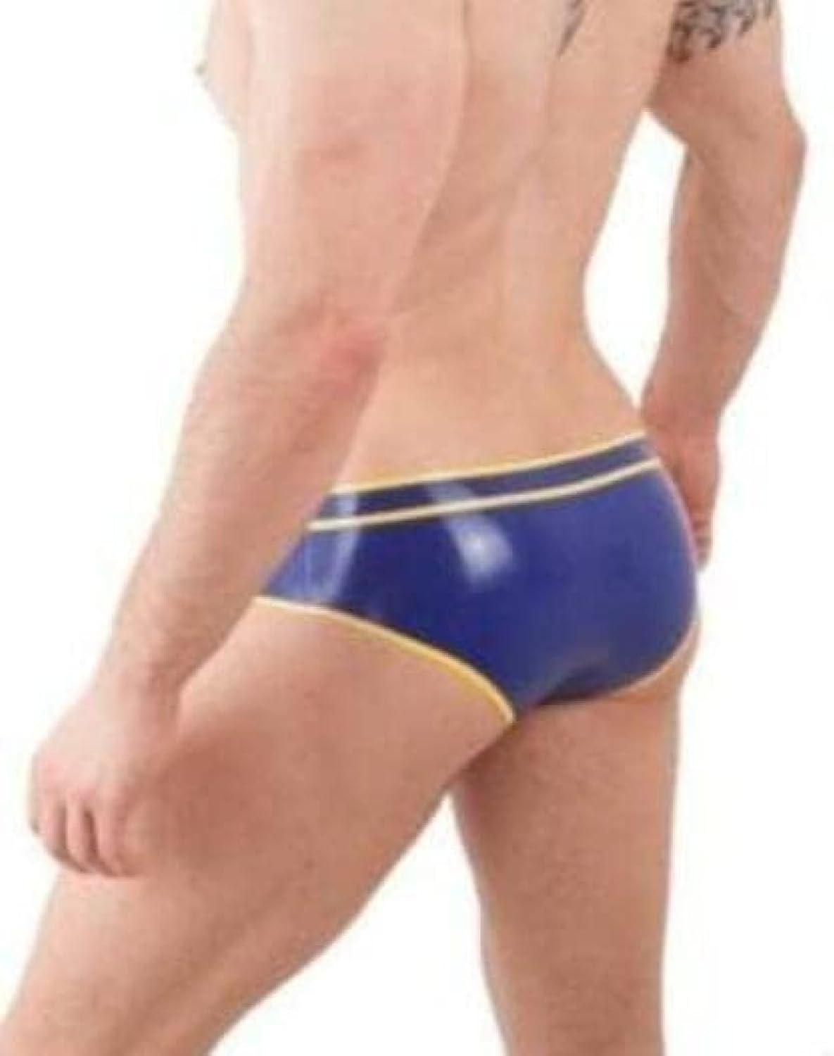 Men Latex Briefs Blue with Yellow Trim Rubber Underpant,Dark Blue-Yellow,3X-Large