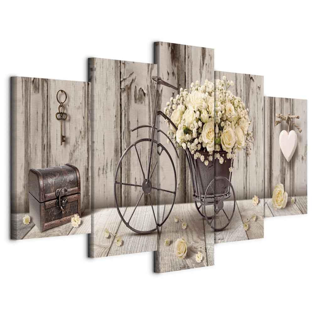 murando - Tableau décoratif 150x75 cm - Impression sur toile colorée - Décoration murale pour salon et chambre - Vert blanc marron - Bouquet bois fleurs vélo cœurs ancien n-C-0291-b-m
