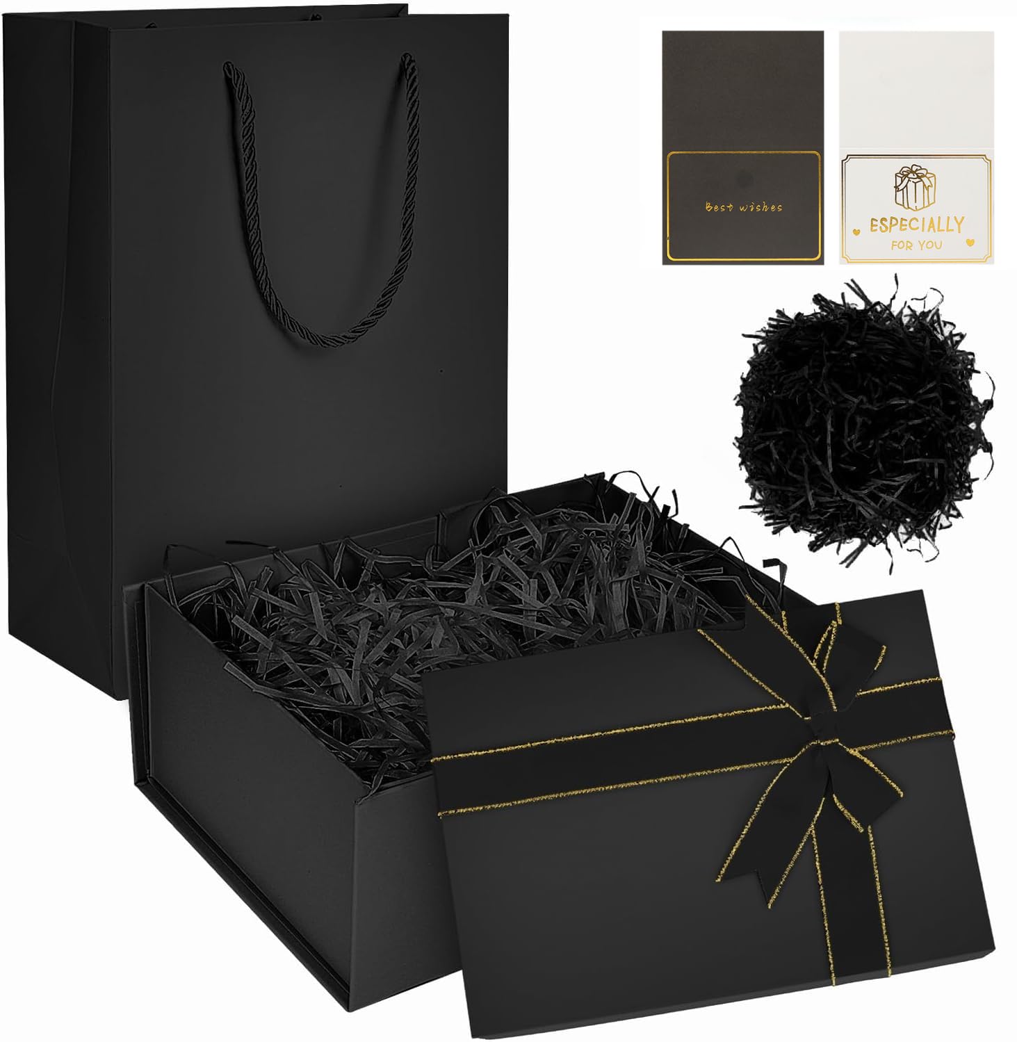 APOMOONS Black Gift Box with Lid, 22.5 x 16 x 8.5 cm Rectangular Birthday Gift Box with Ribbon Gifts Boxes Black Bags, Birthday Gifts Boxes for Wedding Birthdays Christmas Anniversary