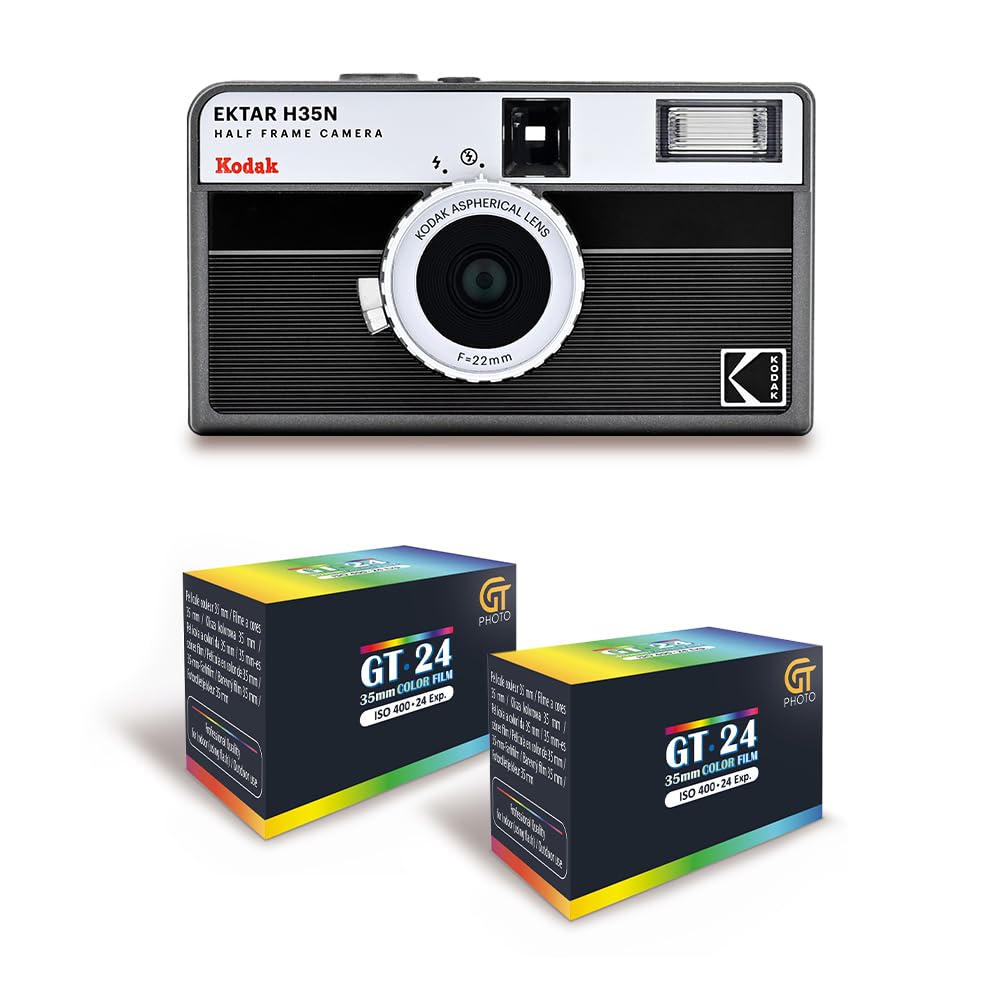 KODAK EKTAR H35N - Videocamera da 35 mm, riutilizzabile, senza messa a fuoco, leggera, facile da usare, nero a righe + 2 pellicole da 35 mm, colore 24 esposizioni