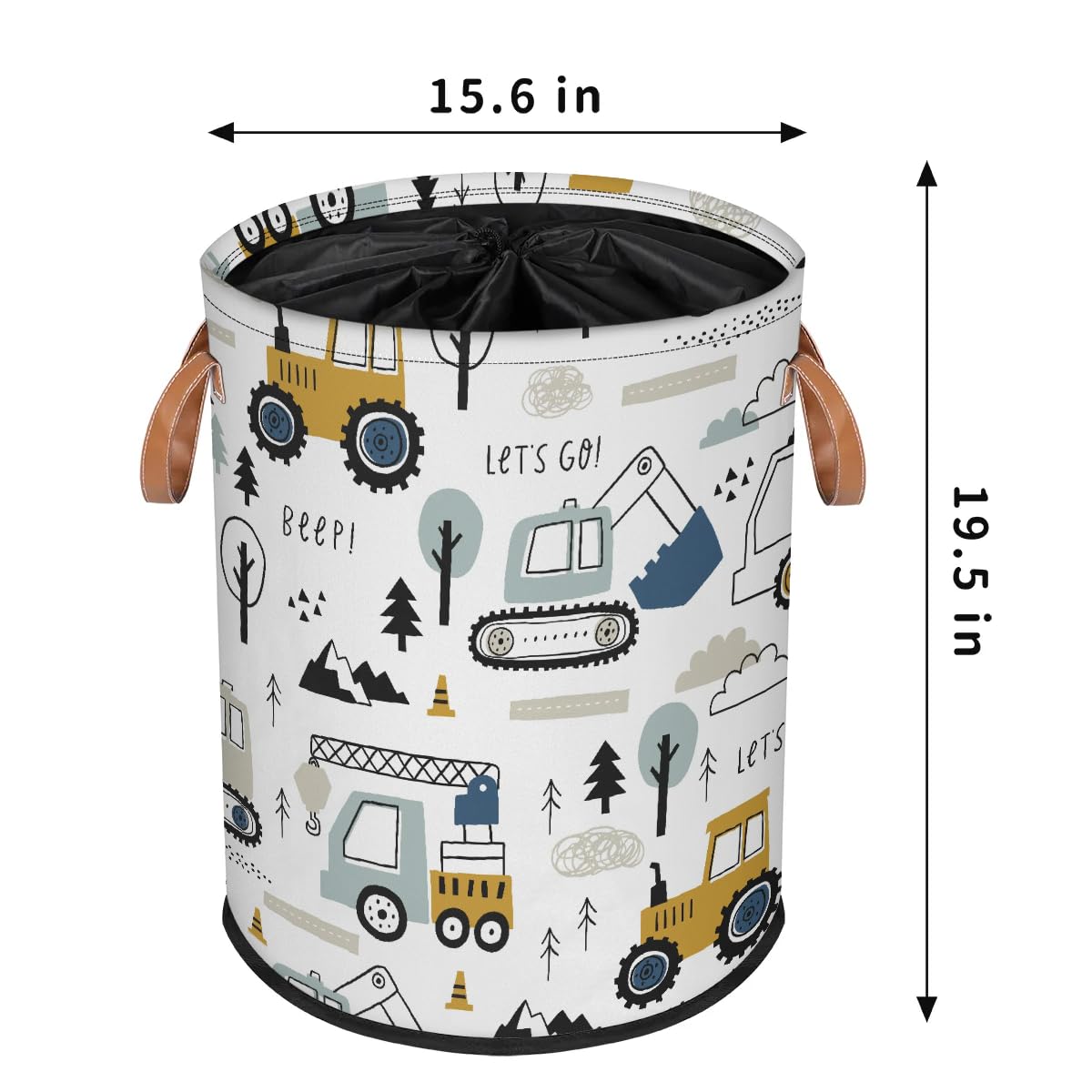 Cartoon Truck Kid Laundry Hamper Basket for Boys Girls Round Collapsible Dirty Clothes with Drawstring Fabric Storage Bin for Nursery Bedroom Living Room Organization