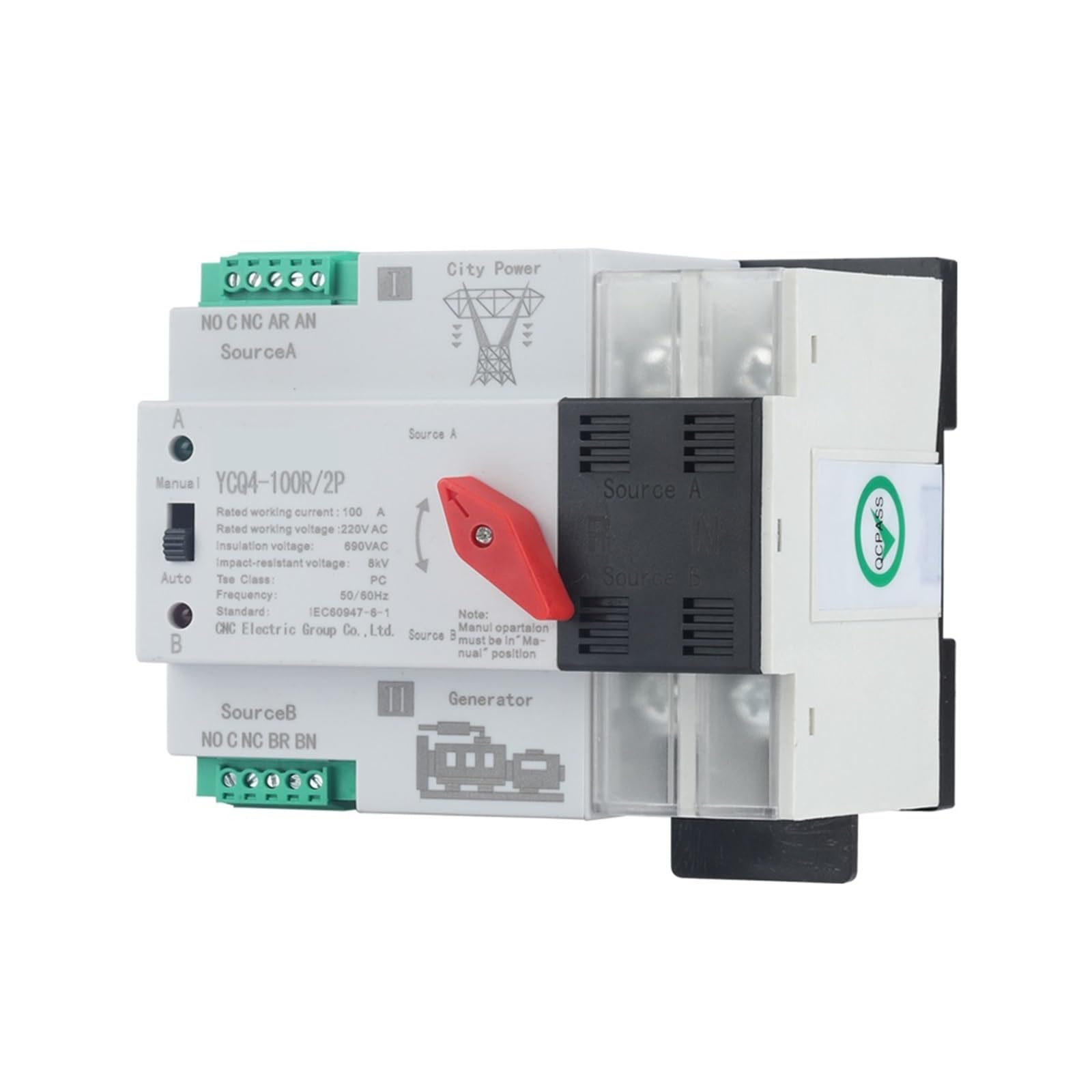 Commutateur de transfert automatique à double puis Din Rail ATS YCQ4-100R/2P double puissance commutateur de transfert automatique commutateurs électriques alimentation ininterrompue 63A/100A ( Size :