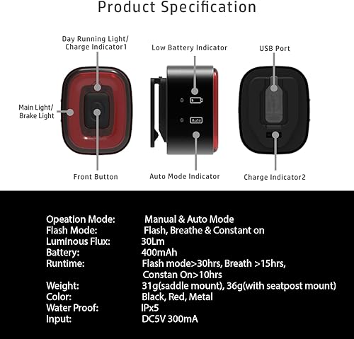 Miniatura 4 de CUBELITE II Luz inteligente para bicicleta, detección automática de luz ambiental, luz trasera con detección de freno, recargable por USB, súper