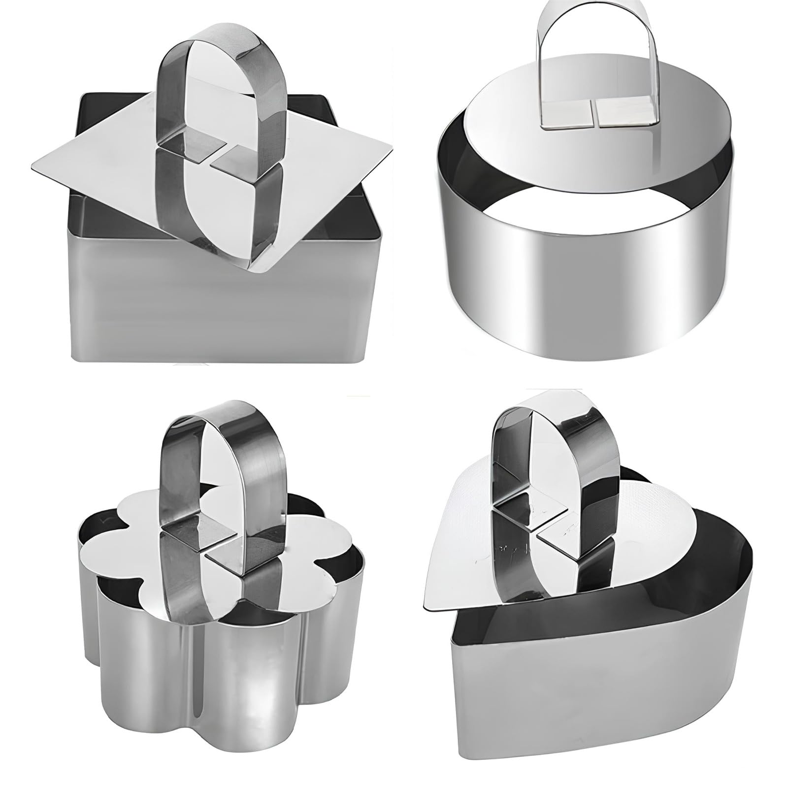 4 Anelli Per Torte In Acciaio Inox - Forme Rotonda, Cuore, Fiore E Quadrata Con Coperchi