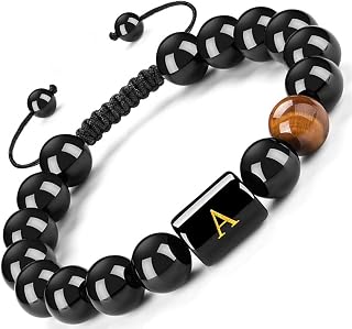 FRG Initials Bracelets for Men Letter Link Handmade Natural Black Onyx Tiger Eye Stone Beads Braided Rope Meaningful Bracelet