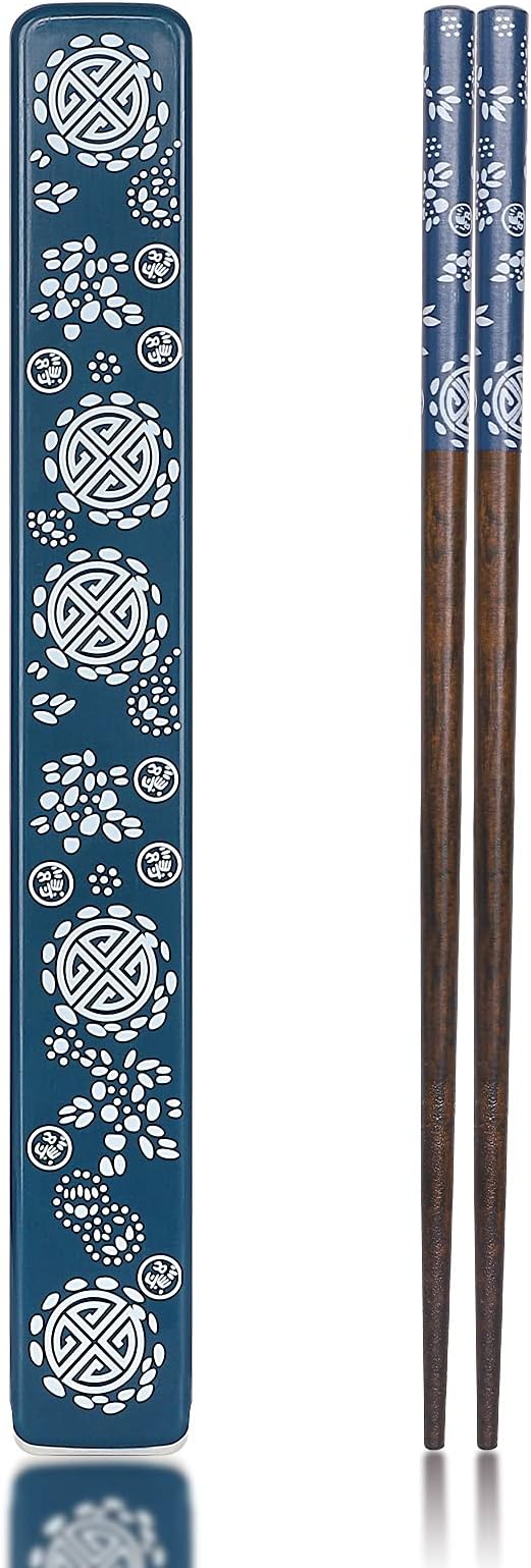 Chopsticks Reusable Japanese Natural Wood Chopsticks 1 Pair with Case, Portable and Dishwasher Safe (Blue)