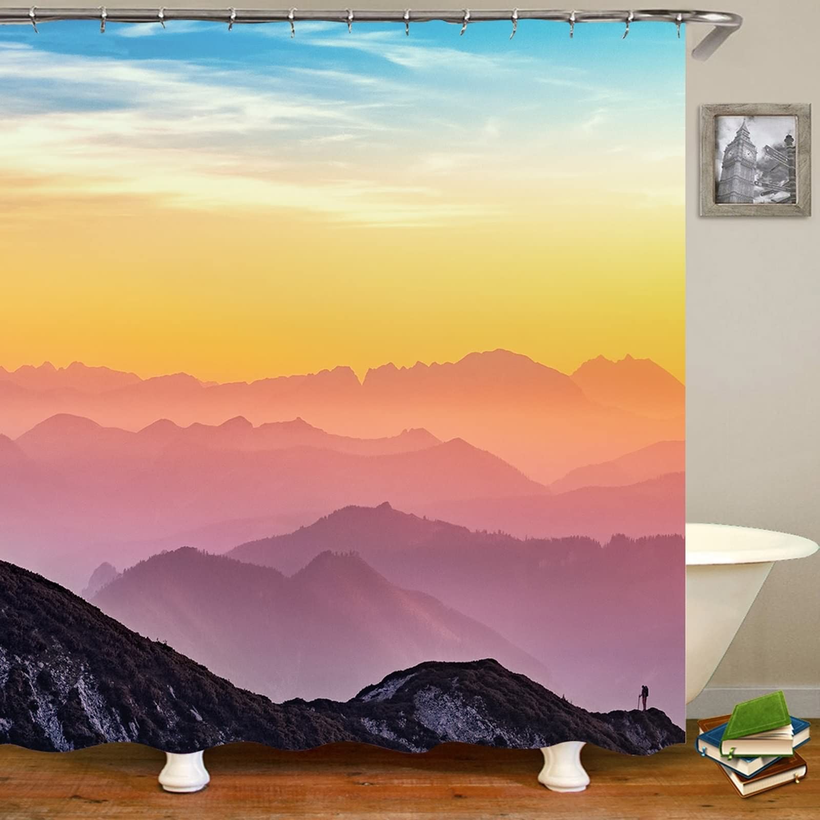 Gualiy Cortina de ducha de tela resistente al moho, cortina de ducha multicolor para bañera de montaña y puesta de sol, 150 x 200 cm