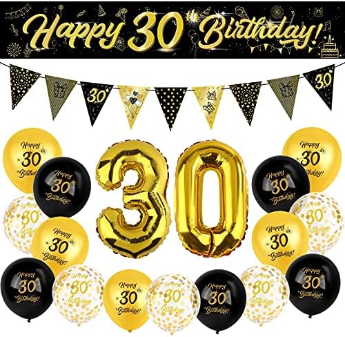 ADXCO 19 Pieces Black Gold 16th Birthday Party Banners Confetti Balloons Decorations Kit Birthday Party Supplies Latex Balloons for Birthday Wedding Decorations