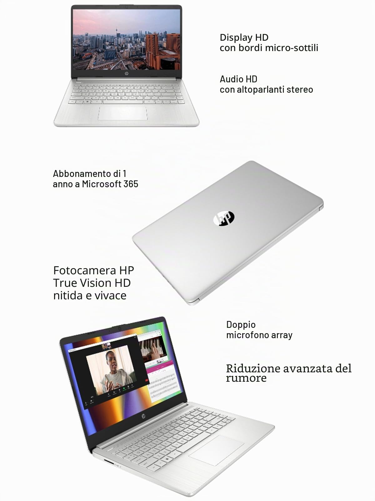 HP 14 laptop (14" HD, Intel Celeron N4120, 16 GB di RAM, 256 GB di memoria (128 GB eMMC + scheda SD IST da 128 GB)) Scuola e azienda, durata della batteria 11,5 ore, Office 365 1 anno, Win 11 Home