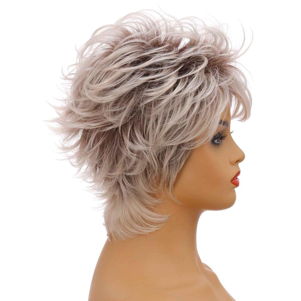 Pelucas cortas de corte pixie para mujer, pelucas de pelo completo sintético natural en capas para mujer, pelucas Ombre de cosplay de uso diario (Marrón Mezcla Gris)