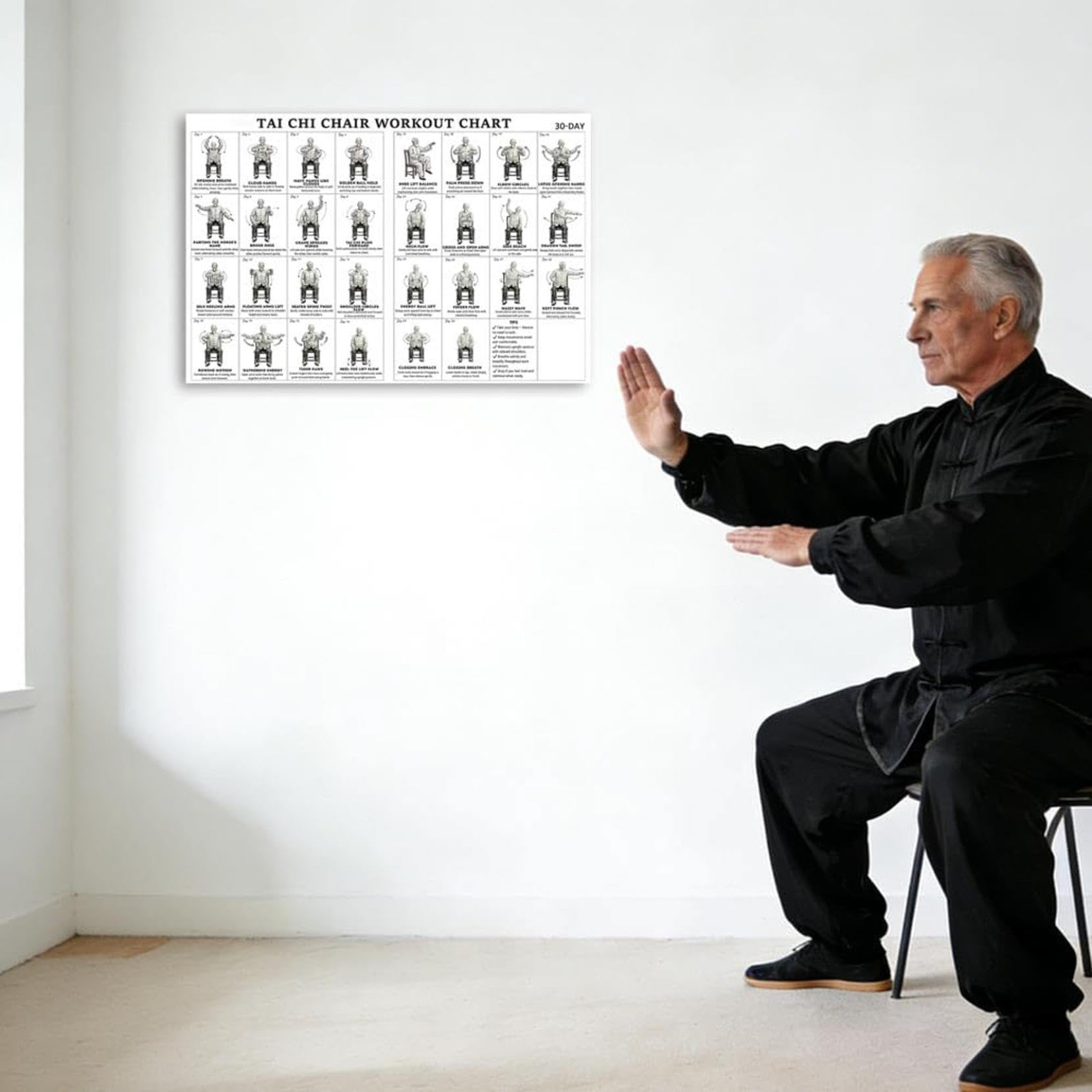 12x18 Inch Tai Chi Exercise Chart, Weight Loss Chart Tai Chi for Beginners, Chair Yoga Posters, Tai Chi Books for Beginners and Seniors, Fitness Wall Charts for Living Room Bedroom Home Gym Decor (B)