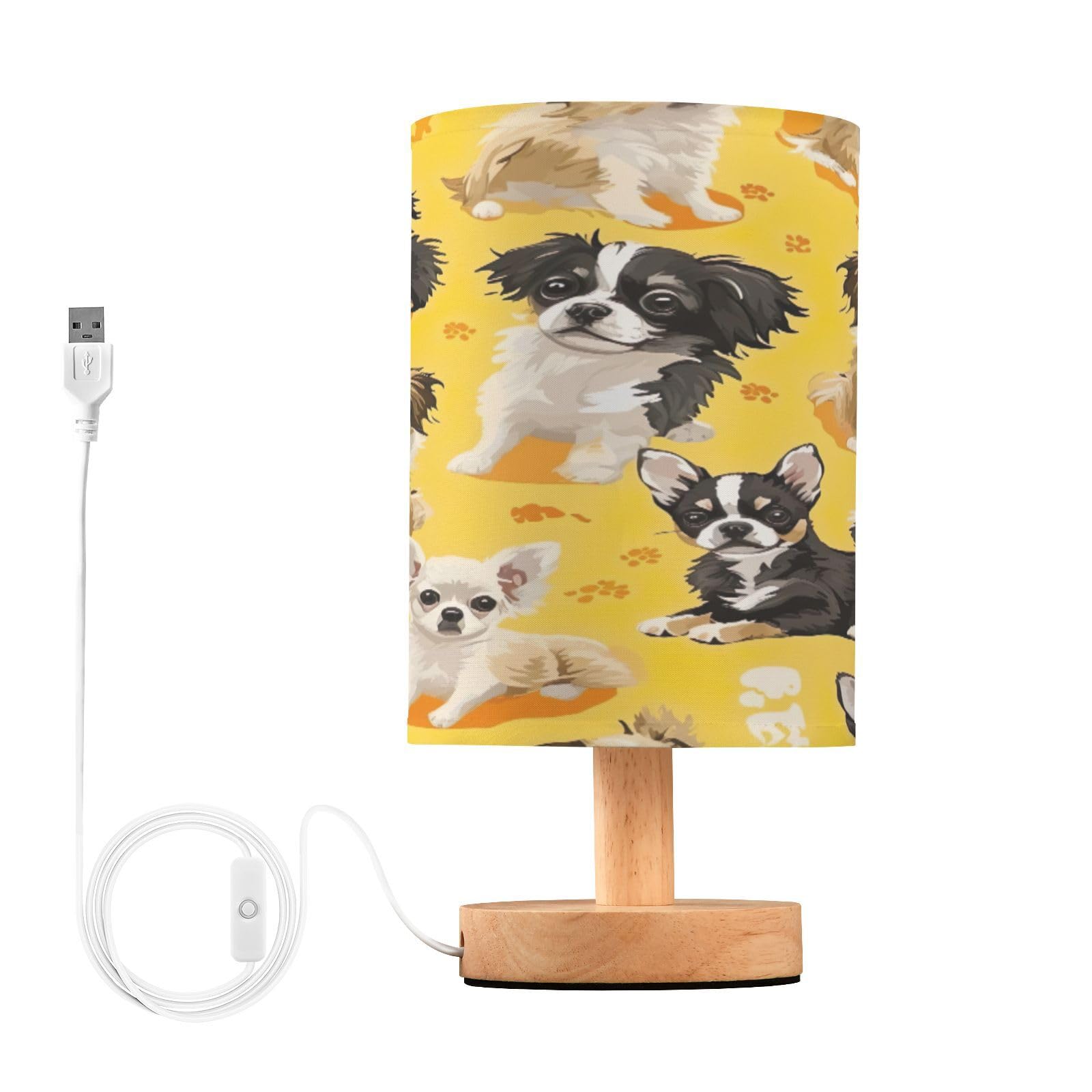 SDMKA Little Dogs on Yellow Bedside Table Lamp for Bedroom, Minimalist Nightstand Lamp with Round Fabric Shade for Living Room, Office, No Bulb Required