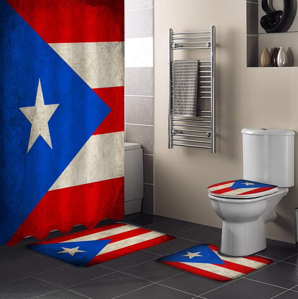 4 Piece Shower Curtains with Mat Set, Vintage World Map Texture Puerto Rican Flag Non Slip Bath Mat, Counter Mat, Lid Cover Bathtub Curtain with Hooks (Including 66x72 Inch Curtain Small Rugs Set)