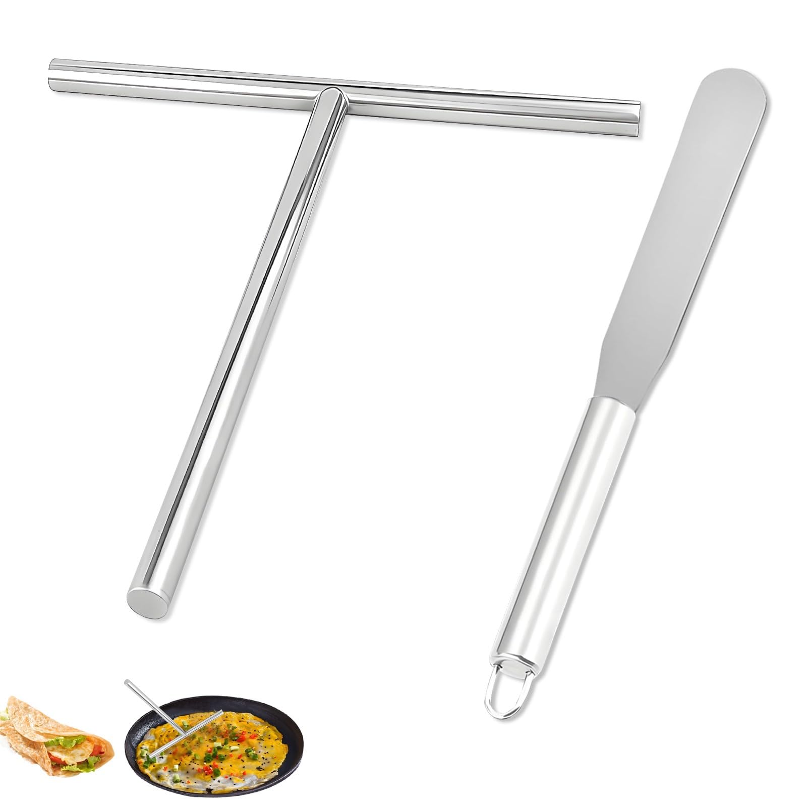 2 PCS Crepe Spreader and Spatula Kit, 19-32 Cm Batter Spreaders T-Shaped Stainless Steel Pancake Tools Cooking Crepe Maker Tools for Home Kitchen Cooking Baking Tool
