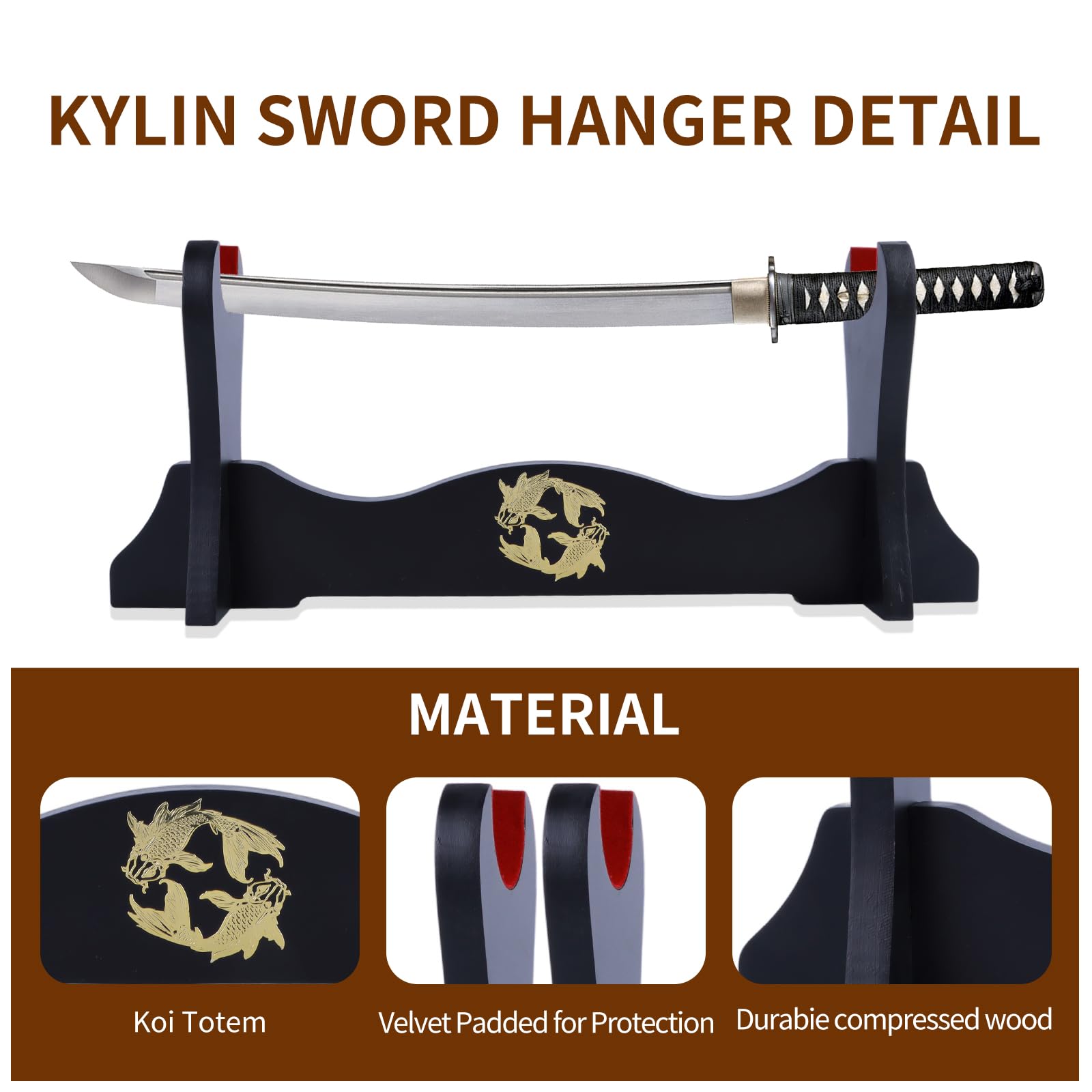 Supporto per Spada Supporto per Katana Imbottito in Velluto Giapponese Supporto per espositore per Samurai Tanto Sword Yin e Yang,3 Tier