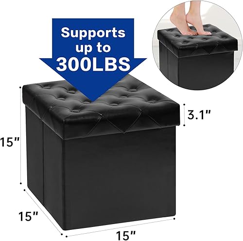 Miniatura 3 de Taburete otomano de almacenamiento con tapa gruesa, reposapiés otomano de piel sintética para sala de estar, dormitorio, dormitorio, 15 x 15 x 15