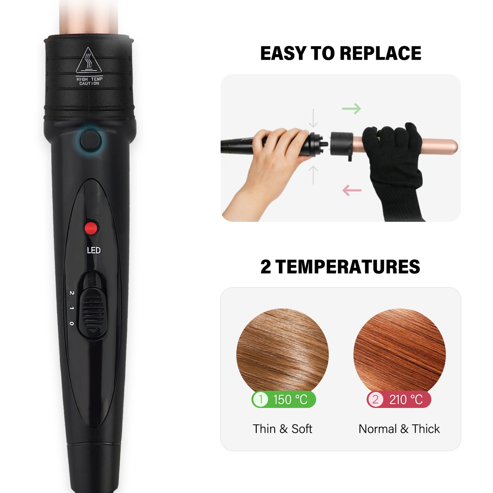 5 in 1 Lockenstab Set - janelove 10-32mm Keramik Lockenstab mit Verschiedenen Aufsätzen für Große und Kleine Locken, 2 Einstellbare Temperatur Lockenwickler Kit mit Handschuhe & Nylontasche (Roségold)