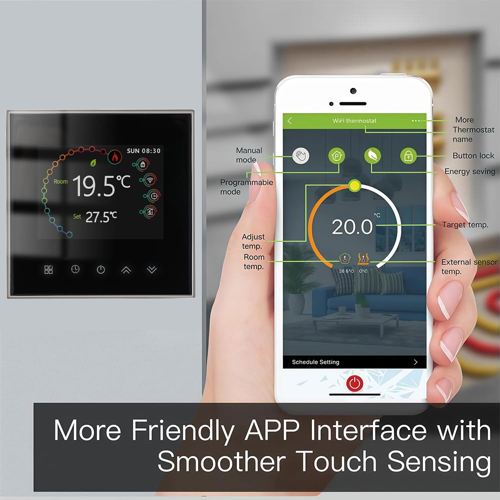 Wi-Fi Thermostat - Serie 2002 Termostato Programmabile | Touchscreen per Riscaldamento ad Acqua/Elettricità/Caldaia Compatibile con Alexa, Google Home e IFTTT