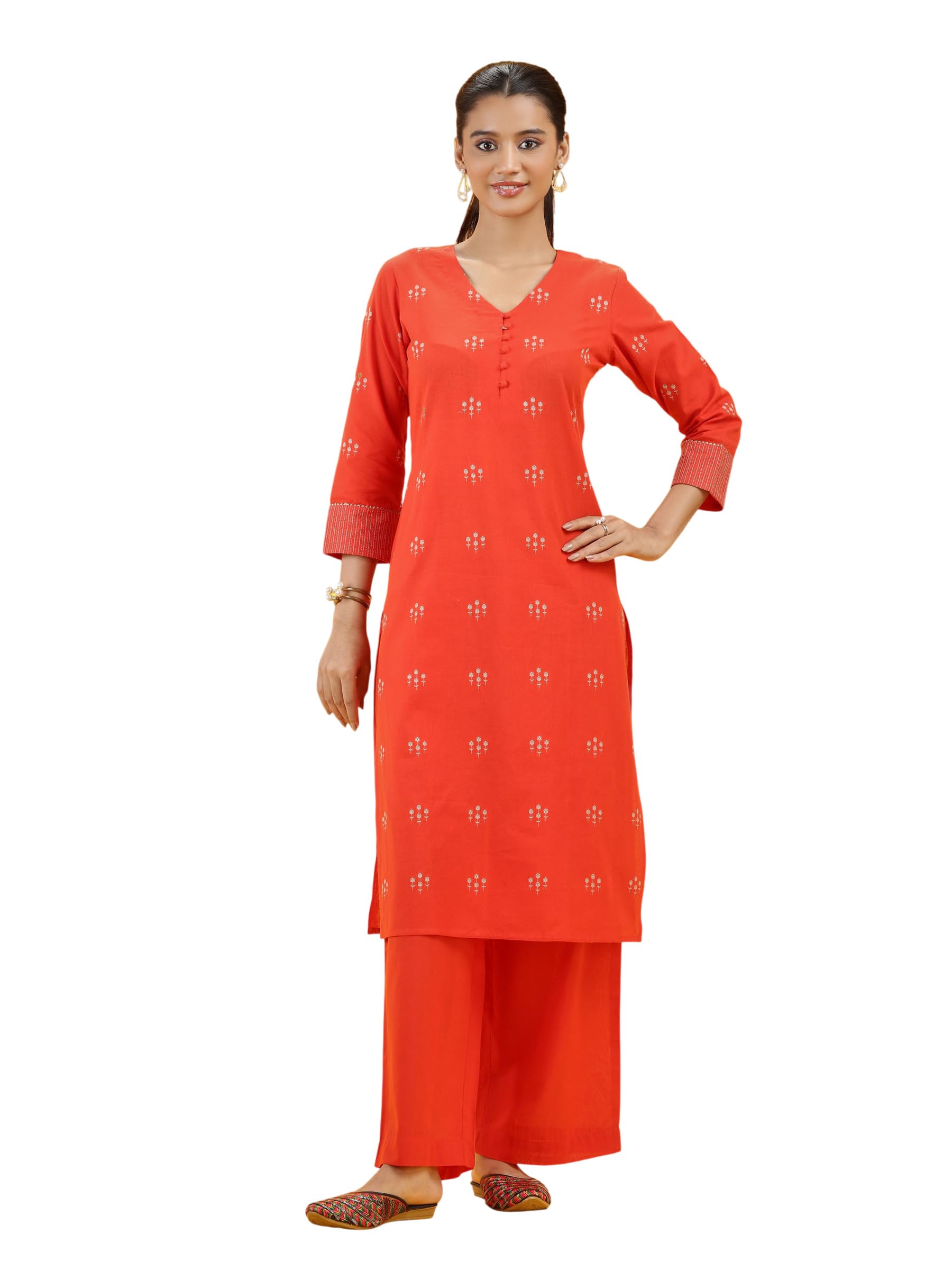 Orange Printed Cotton Straight Kurta & Wide Leg Pants Co-Ord Set-image-44