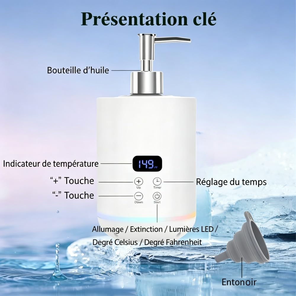 Chauffe-huile de massage avec deux distributeurs à pompe, écran LED, pour spa et salon (Blanc)