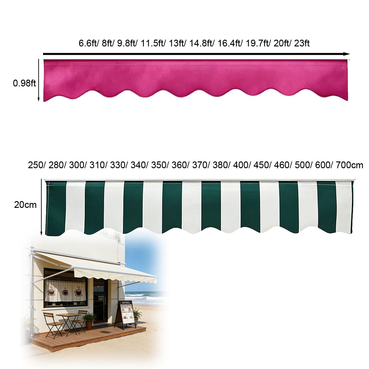Lambrequin de Rechange avec Jonc de fixation pour Store Banne, Toile Polyester Déperlante 320 g/m², Remplacement de Volant pour Patio Jardin Balcon 250-700cm, H 20cm(Brown pinstripes,B380cmxH20cm)