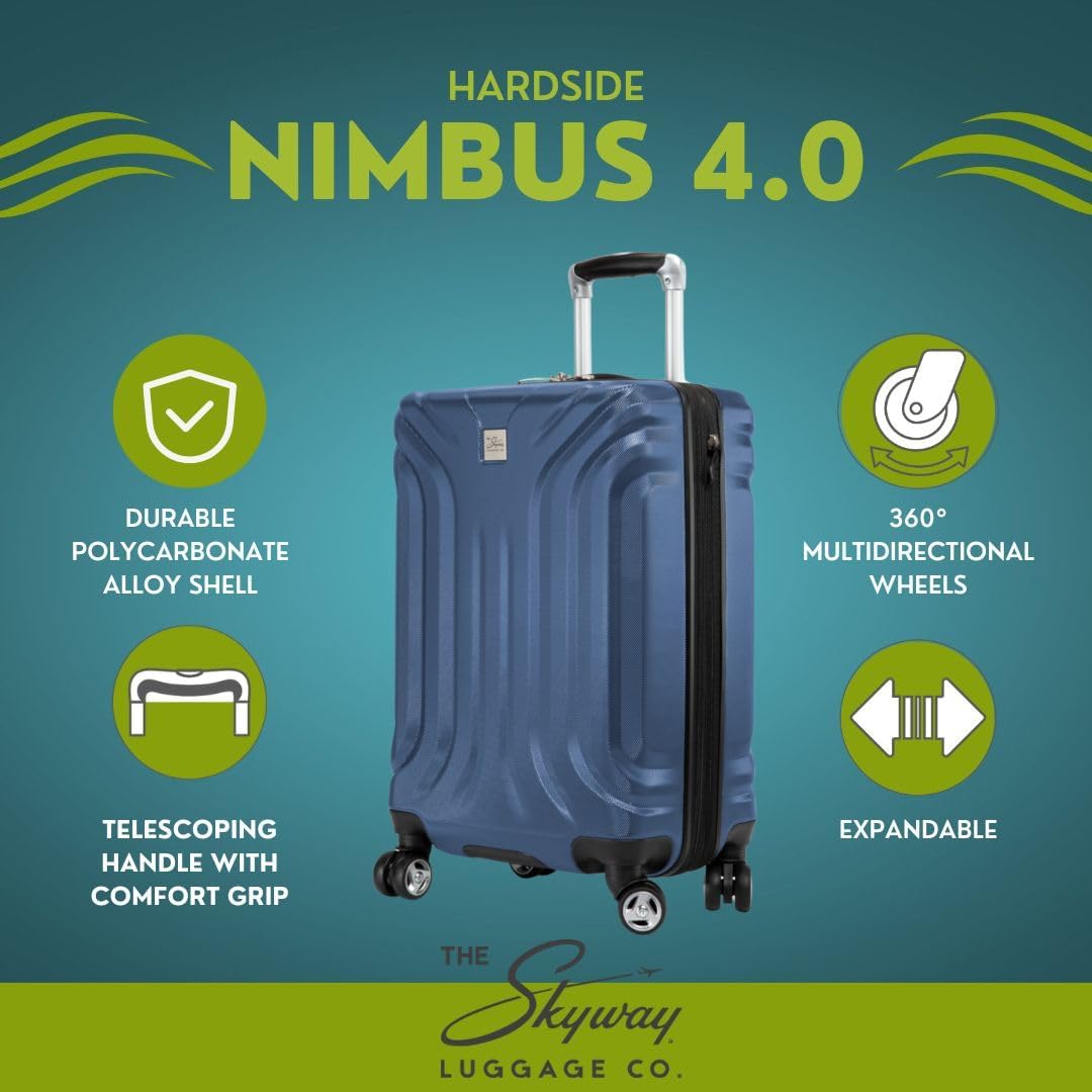 Skyway Nimbus 4.0 Expandable, Durable Hardside, 4 Wheel Spinner, Lightweight Suitcase, Unisex, Stylish, Maritime Blue, Carry-On 20-Inch