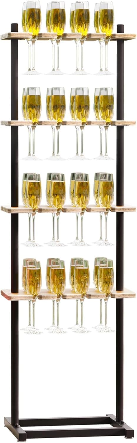 ikare Champagne Wall Stand,4-Tier Champagne Tower Stand,Metal Stable and Easy to Install Champagne Glass Hang Wooden Holder, 32 Wine Glass Champagne Wall Holder for Party