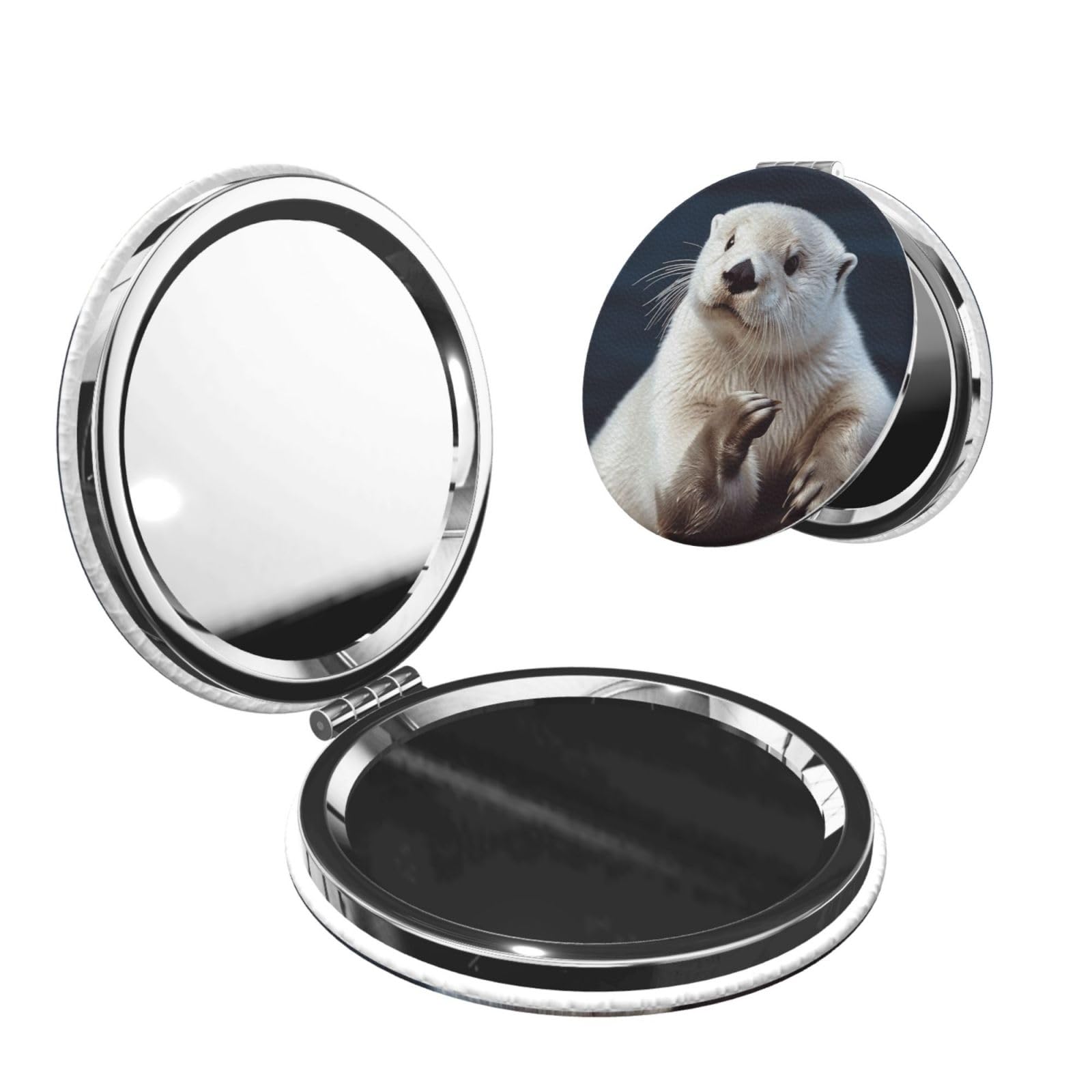 DWVTSLH White Otter Compact Mirror for Purse, Double-Sided 2X/1X Magnifying Mirror for Women Men, Travel Makeup Mirror for Handbag, Handheld Vanity Mirror for Gift