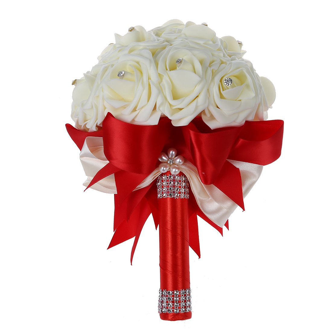 Xtahdge Cream (Not Pure White)+Red And Cream Beautiful Wedding Bouquet Bridal Bridesmaid Flower Wedding Bouquet Artificial Flower Rose Bouquet White Bridal Bouquets-Red&White Ribbon