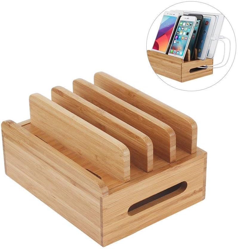 Charging Station , Moreslan Bamboo Charging Dock Multi-device Organizer Cord Phone Stand Holder for Smart Phones, iPad, iPhone, Tablets and Other Electronic Gadgets