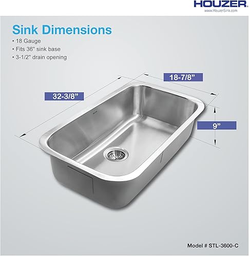 Vista 5 de Houzer Eston - Fregadero de cocina de acero inoxidable, fregadero de 32 pulgadas de montaje inferior, duradero y versátil, esencial para el hogar