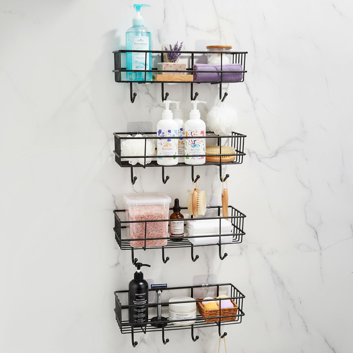 Amazon Basics Self-Adhesive Wall Shelf – No-Drill Multipurpose Bathroom/Kitchen Organizer with Hooks and Towel Holder, R