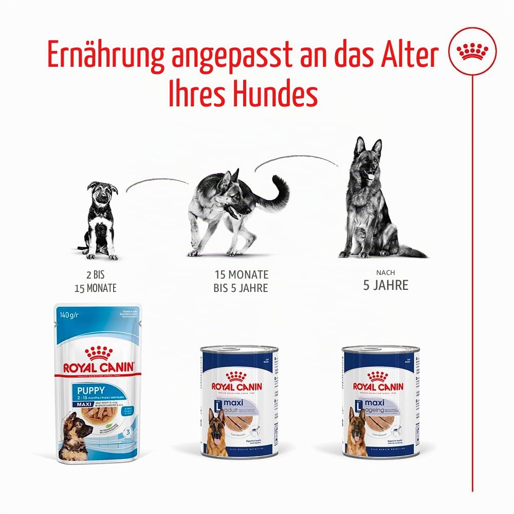 Royal Canin Maxi Adult | 12 x 410 g | Alleinfuttermittel für ausgewachsene große Hunde (26-44 kg) | Nährstoffreiche und ausgewogene Feuchtnahrung mit hochverdaulichen Proteinen