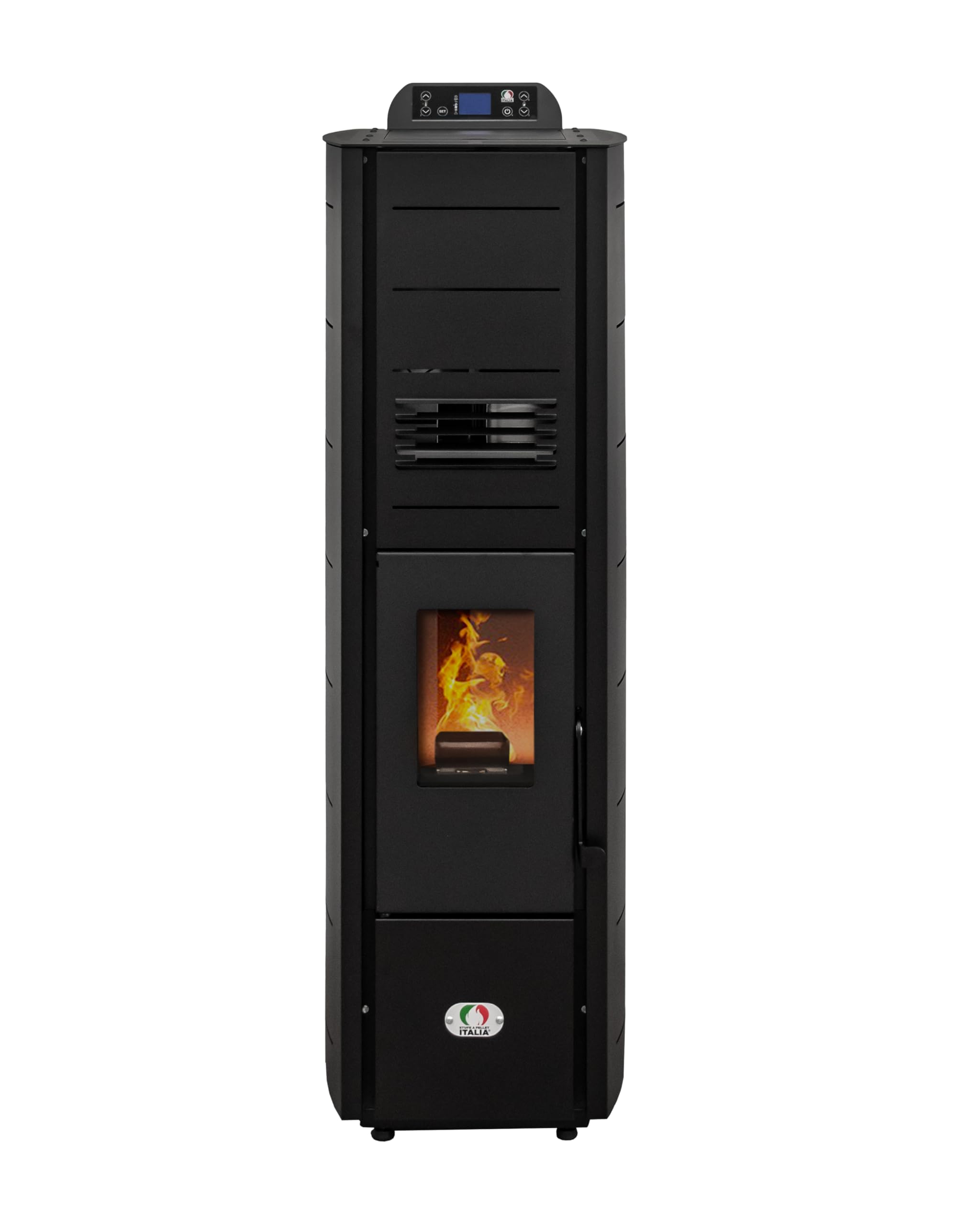 STUFE A PELLET ITALIA Colonna New 8 Kw Slim - Stufa ad Aria Ventilata Efficienza 93% Scalda 70m² Design Super Compatto Programmabile 5 Velocità e Potenze Garanzia 24 Mesi Nero
