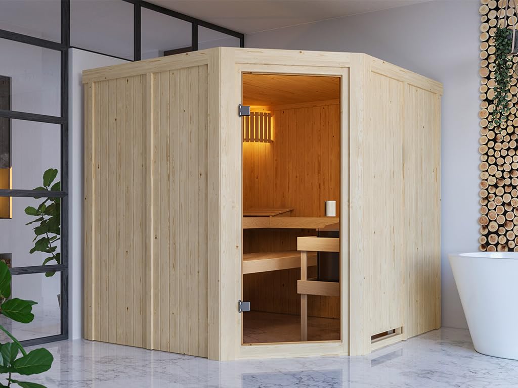 KARIBU Elementsauna Celine 3 Fichte 68 mm, Innensauna für 2 3 Personen, Systembauweise mit bronzierter Ganzglastür, 3 Liegen, Ofenschutzgitter, energiesparend, Ohne Dachkranz, 198 x 121.5 x 73 cm