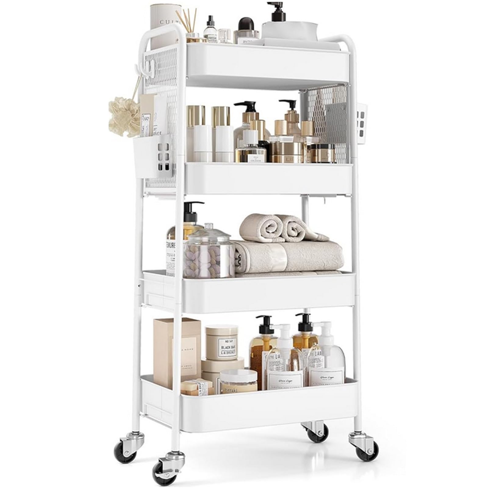 Urackify Carrello portaoggetti su ruote per varie applicazioni, carrello a 4 ripiani con pannelli forati extra fai da te, bidoni e ganci per soggiorno, cucina, bagno, ufficio, aula, bianco