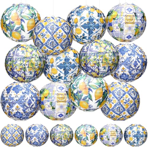 Rossesay 12 Pcs Capri Lemon Paper Lantern 8 Inch Blue Yellow Lemon Hanging Lantern Indoor Outdoor Lemon Birthday Party Decorations Decorative Round Lanterns for Tea Wedding Baby Shower Party Supplies