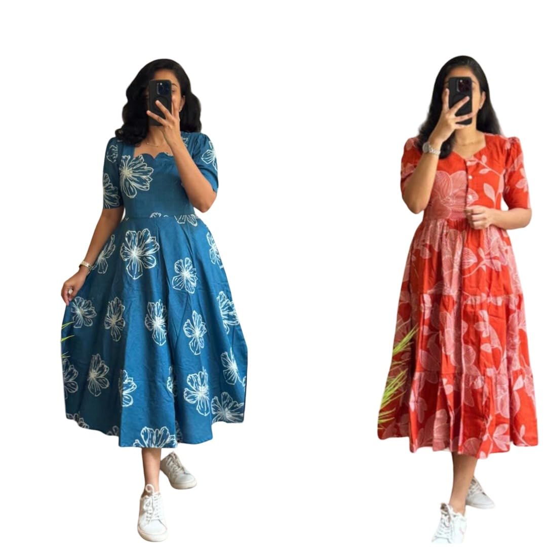 Women’s Rayon Printed Midi Dress Combo Pack of 2 | Floral Fit & Flare Western Dress for Women | Comfortable Casual One Piece Dress | Stylish Puff Sleeve | Sizes S to XXL-image-39