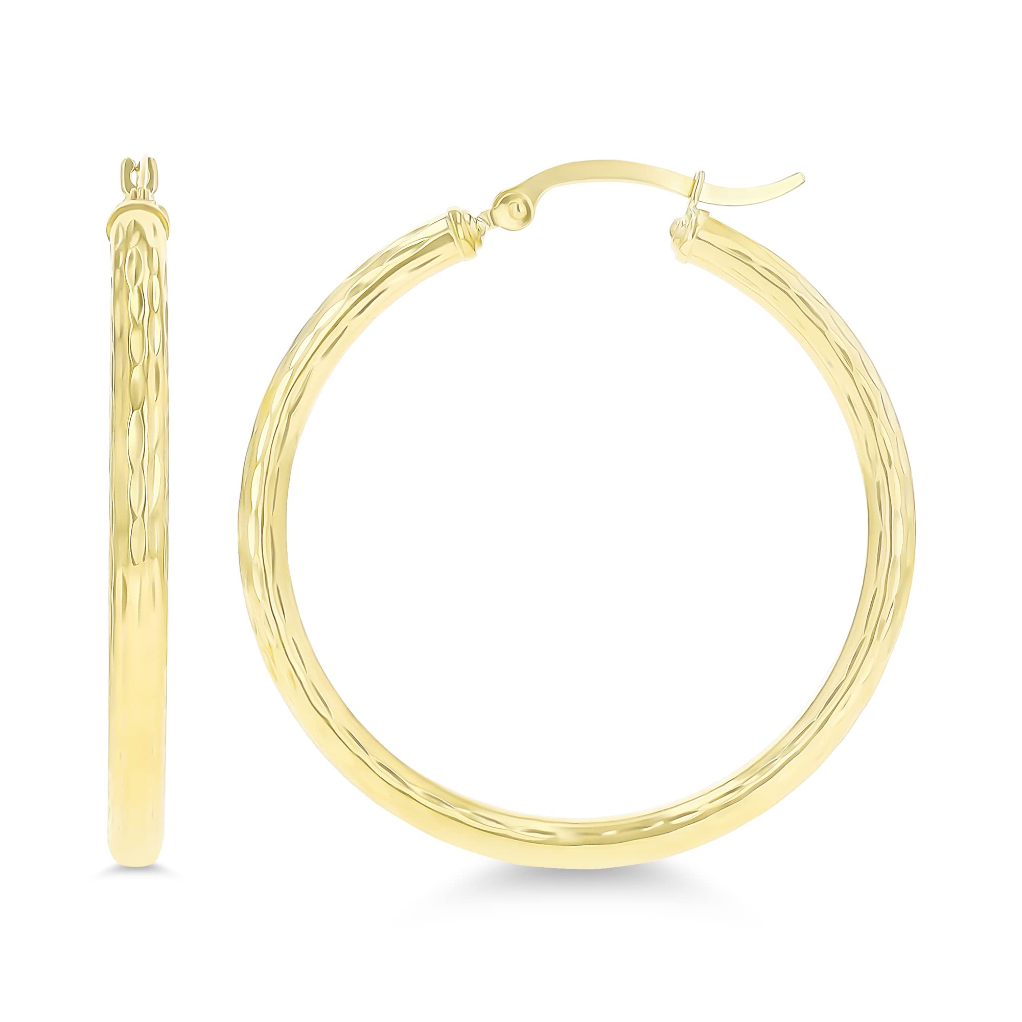 14k Yellow Gold Solid Polished 3mm Thick Diamond Cut Hoop Earrings for Women | Classic Diamond Cut Italian Gold Hoops With Secure Click Top, 20mm-60mm