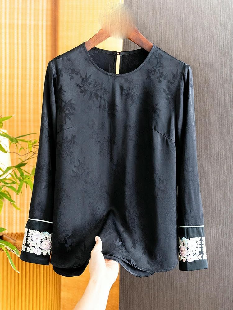 JYHBHMZG Women's Top Blouse Spring Retro Jacquard Embroidered Long Sleeve Base Shirt