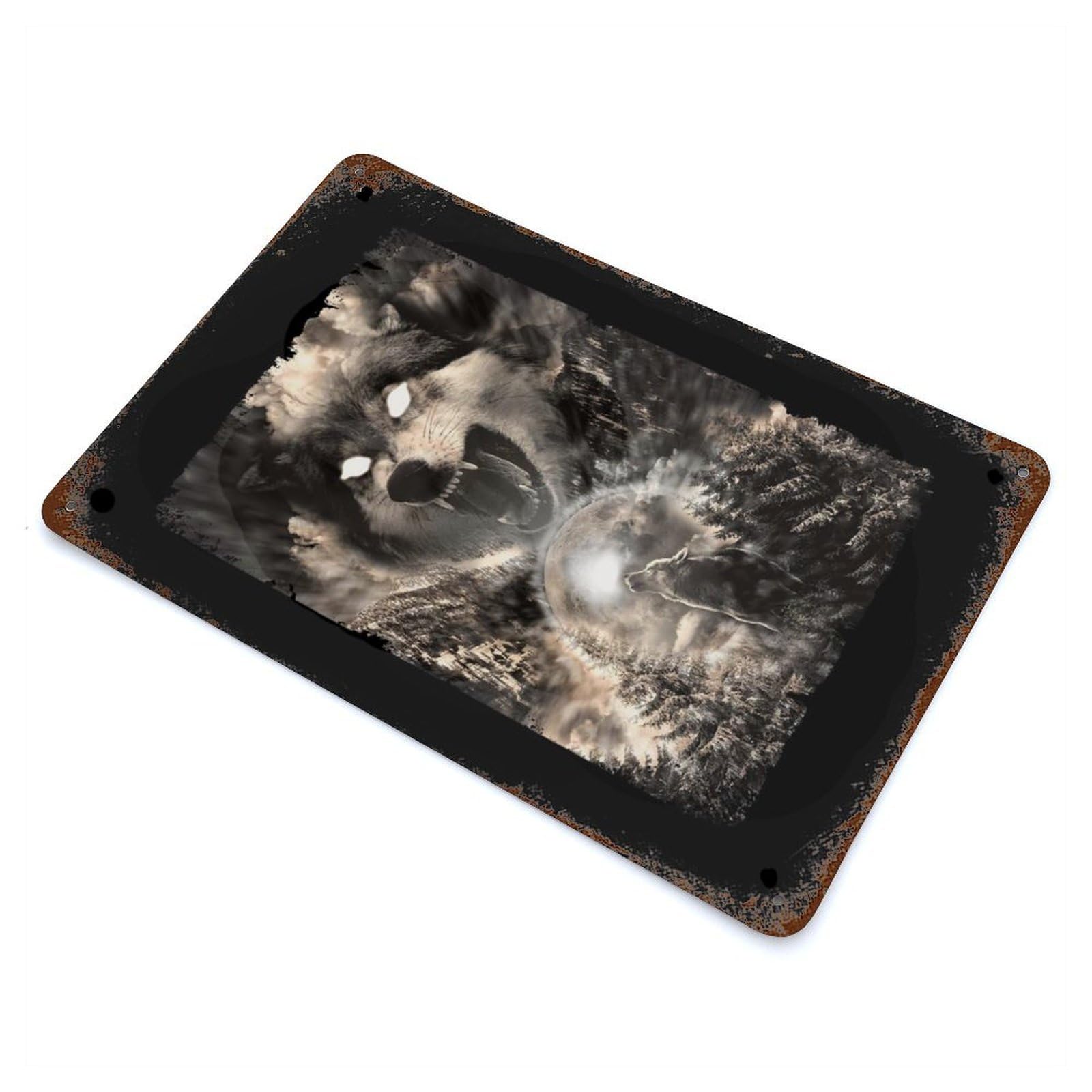 Garage Style Howling Wolf Moon Mountain Rustic Tin Plaque 11.8"x7.9", Classic Wall Plaque for Bar And Workshop