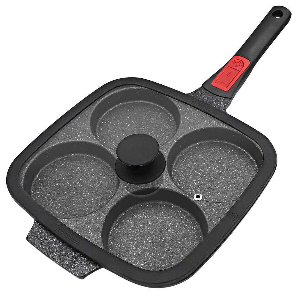 RANX INGST Padella Grande per Pancake 26 X 24 cm, Padella per Uova Fritte con Manico Rimovibile e Coperchio, Padella per Omelette 4 Fori Antiaderente