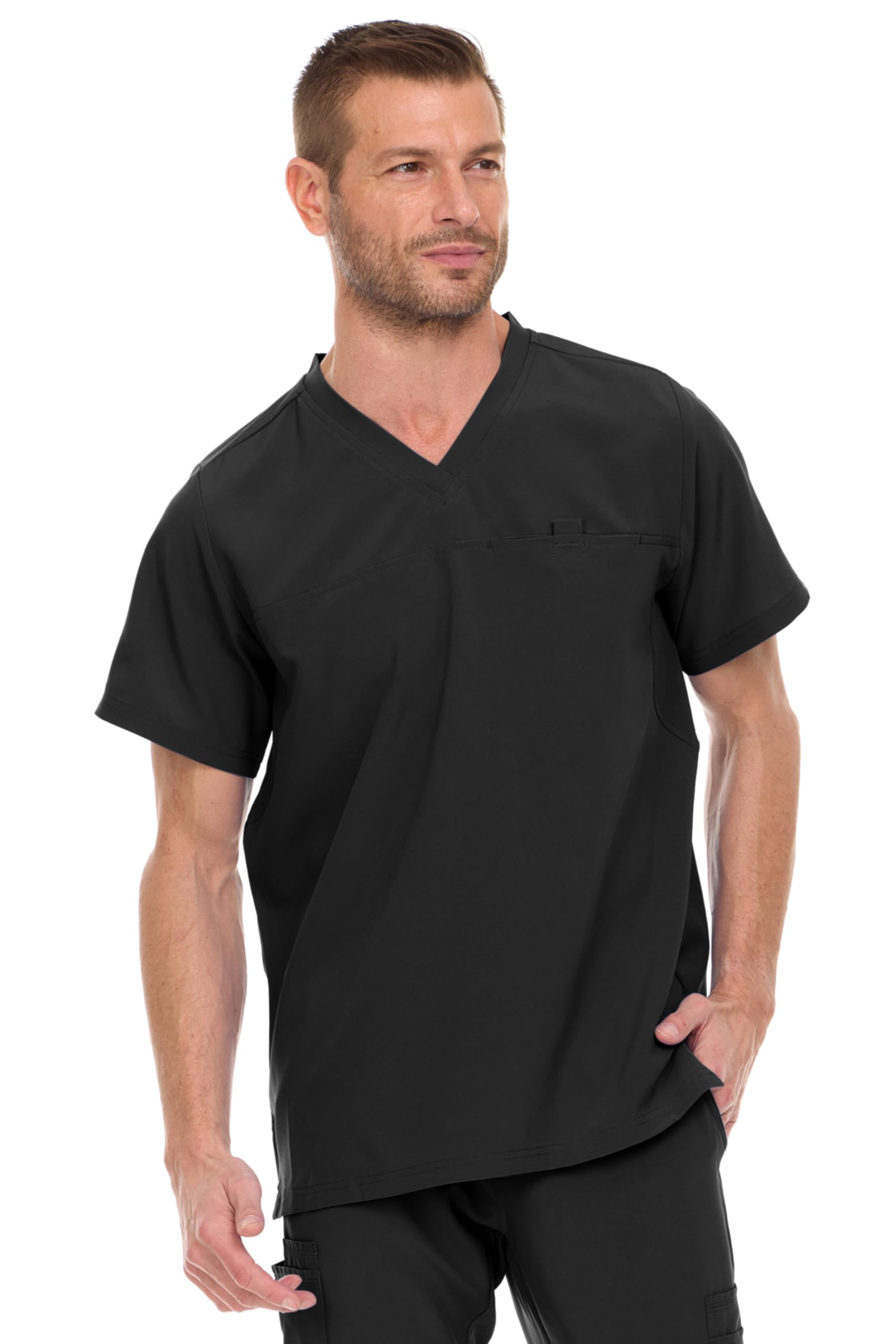 MediChic Men's V-Neck Hi-Low Top with One Chest Pocket and Mesh Gusset