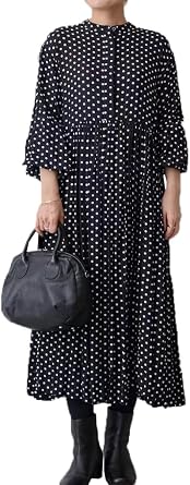DYIOPMFGZ Womens Dot Dress, Pleated Skirt, Flared Skirt, Long Skirt, Tunic, Long Sleeve, Polka Dot Print, Crew Neck, Fashionable, Figure-Flattering, Plus Size, High Waist, Korean Style, Elegant