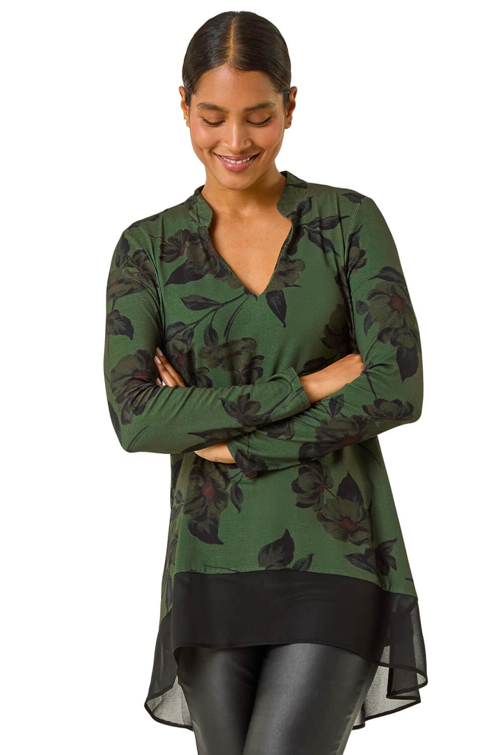 Roman Women's Dark Green Floral Chiffon Hem Blouse In Size 10