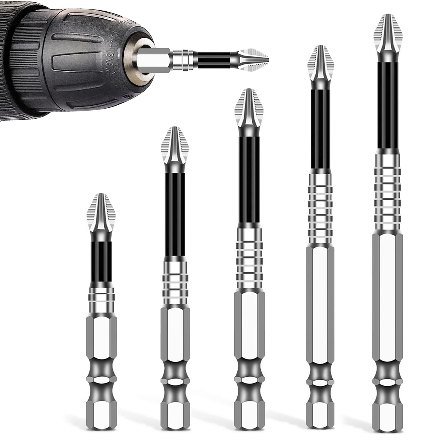 High Magnetic Screwdriver Drill Bit Set, PH2 Impact Driver Bits with Anti-Slip Design, 5PCS Magnetic Screw Bits for Drill 50L 65L 70L 90L 150L for DIY