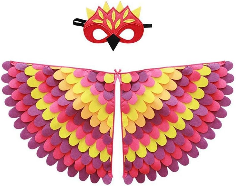 2Pcs/Set Kids Bird Wings Cloak Owl Parrot Peacock Colorful Dress Up Halloween Fancy Dress Boys Girls Felt Cape with Eye Mask for Halloween Party School Pretend Games Cosplay Costume Style A, 6 Years