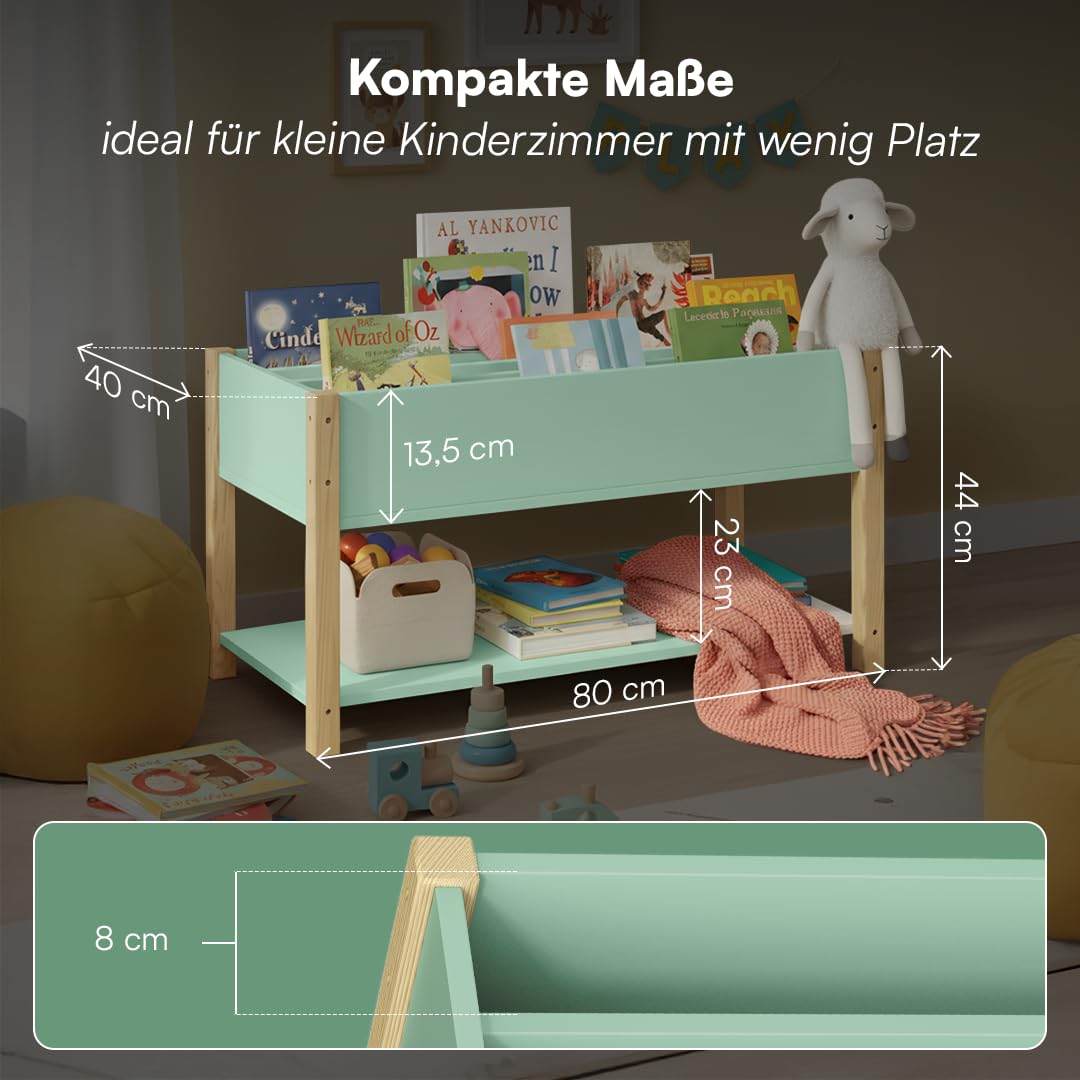 Bellabino Teme Bücherregal Kinderzimmer – Kinderbücherregal mit 4 Fächern – Montessori Bücherregal mit Ablagefach – Bücherregal für Kinder Mintgrün/Natur – Spielzimmer Deko aus Holz 80x40x44 cm